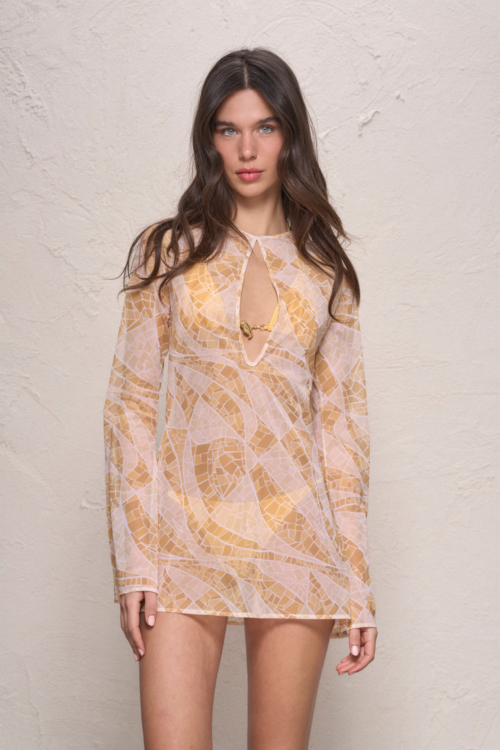 Catherine Mini Dress-Yellow Mosaic Print-XS