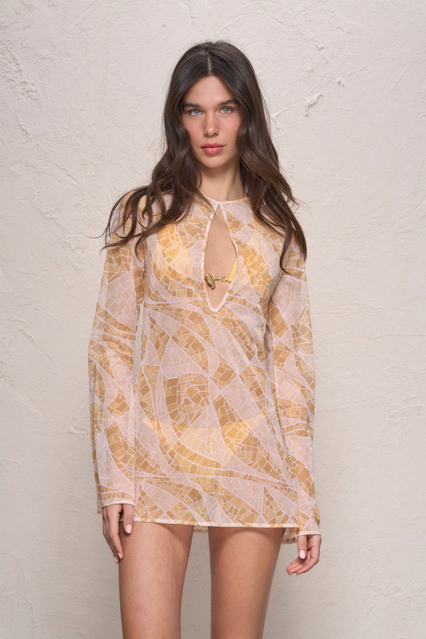 Catherine Mini Dress-Yellow Mosaic Print-XS