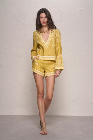 Devon Shorts-Mustard Mosaic Print-XS